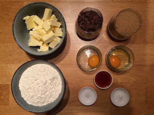Ingredients for chocolate chip cookies: butter, sugar, salt, vanilla extract, egg, flour, baking powder, chocolate chips | Cook With ❤